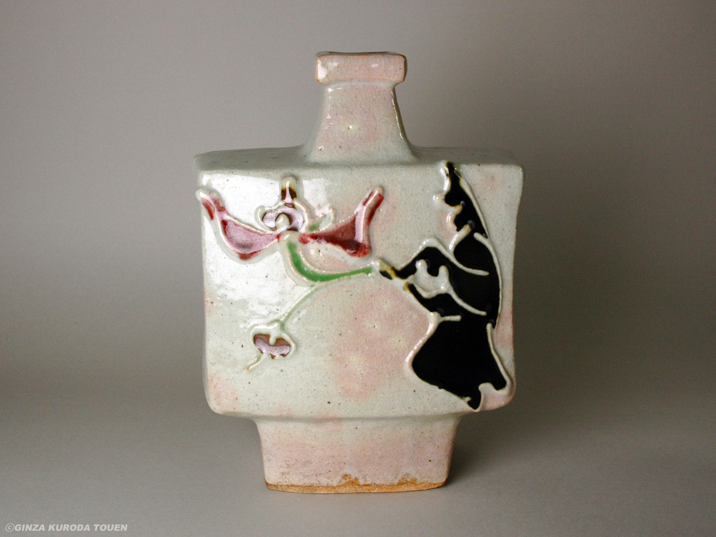 Kanjiro Kawai: Flat vase, Flower and hand design