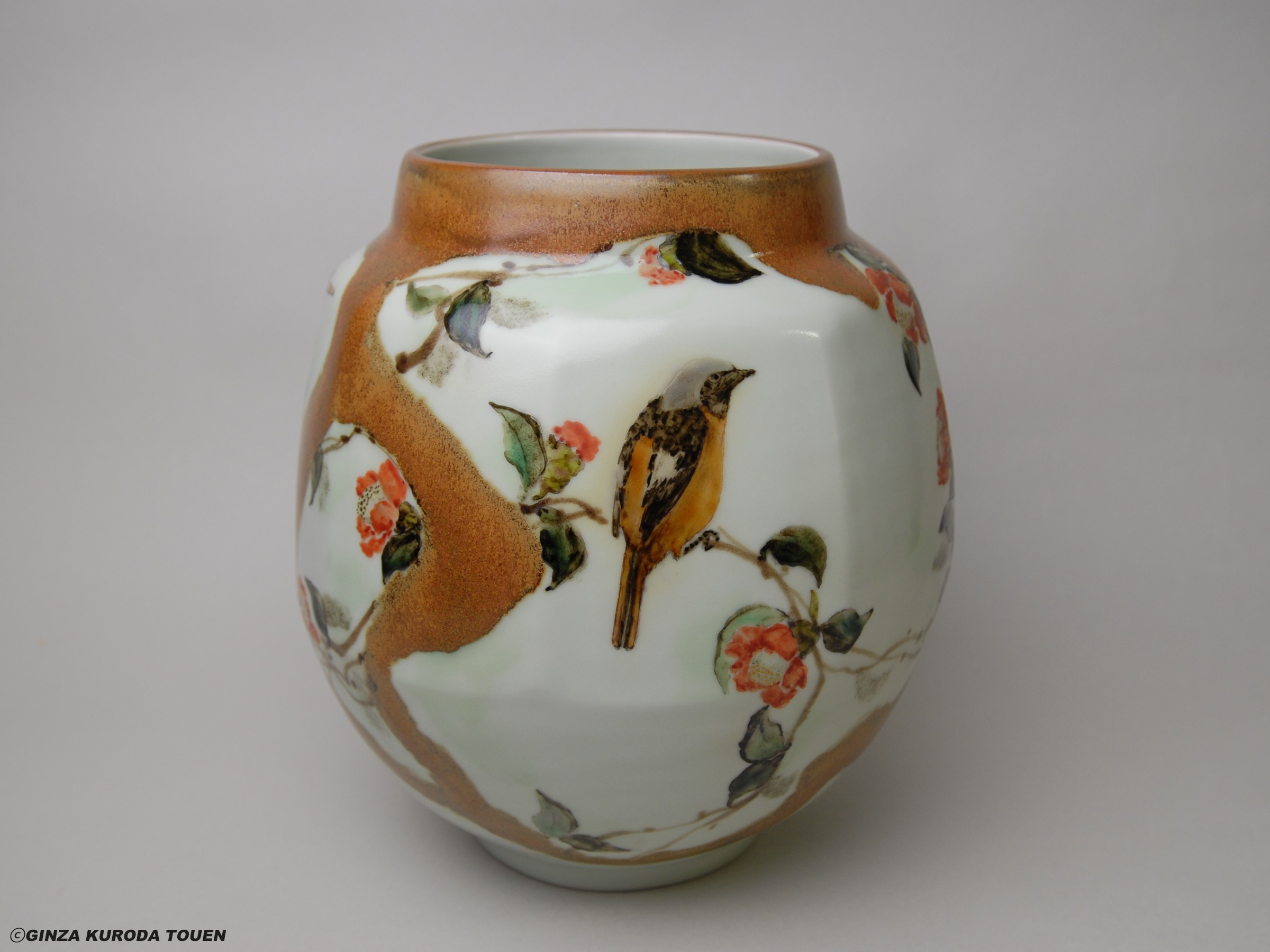 Nodo Fujimoto: Jar, Kaki glaze, Flower and bird design